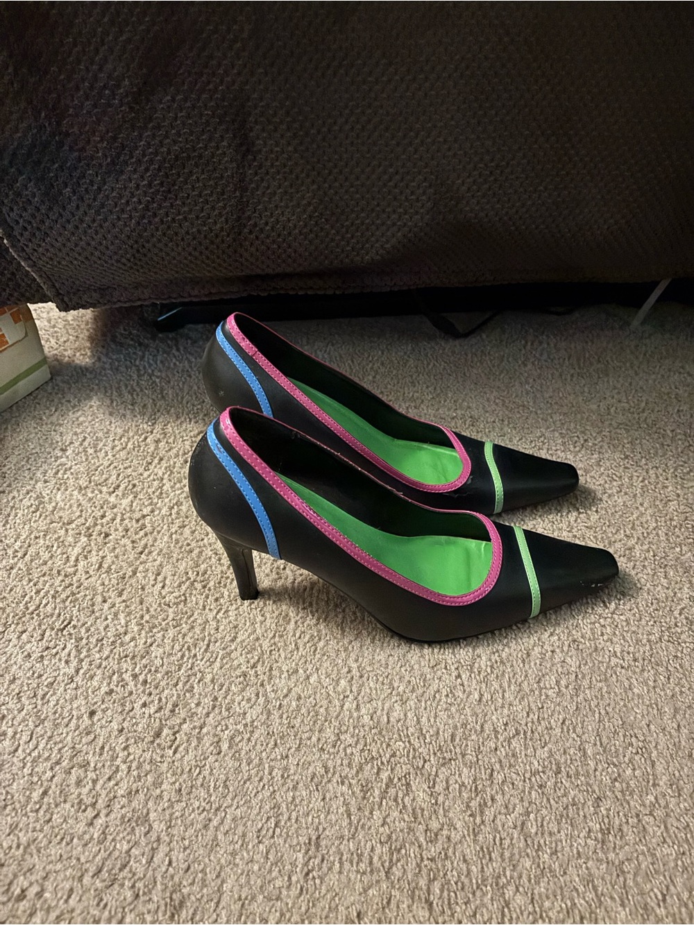 Classic Black Pointed-Toe Pumps with Pink & Blue Trim